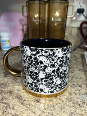 Gold-Accented Black & White Skull Floral Ceramic Mug